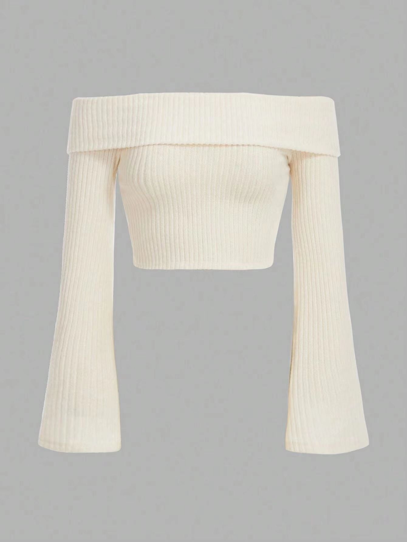 Long Sleeve Mock Neck/Off-Shoulder Ribbed Crop Top Sexy Lace Thick Long Sleeved T-shirt Knitted Sweater