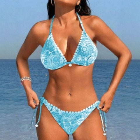 Boho Bliss – Vibrant Prints & Flirty Pom Pom Trim for the Ultimate Beach Look Women's Bikini Split Swimsuit Printed Tether