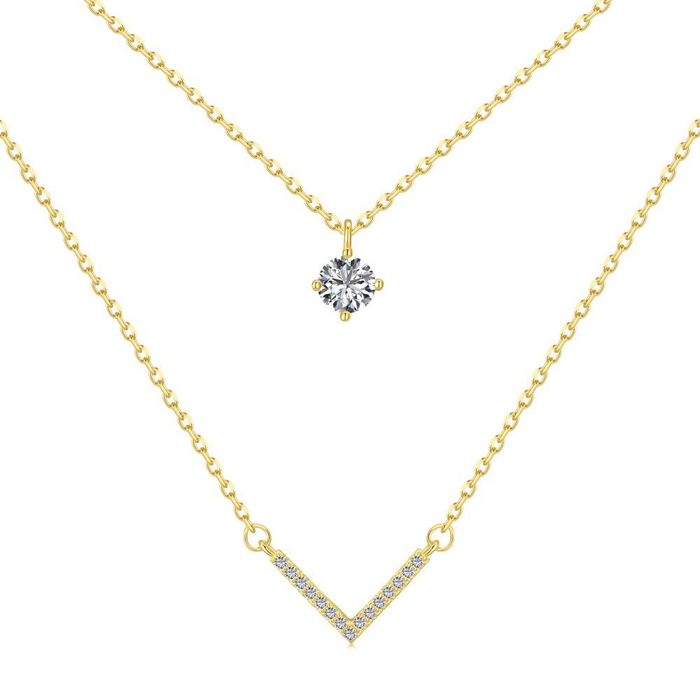 Sterling Silver Plated 18K Gold Necklace Double Layered V-shaped Pendant