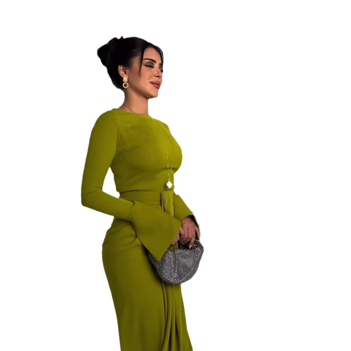 Elegant Olive Green Long Sleeve Maxi Dress | Modest & Chic Graceful Satin Banquet Long Dress