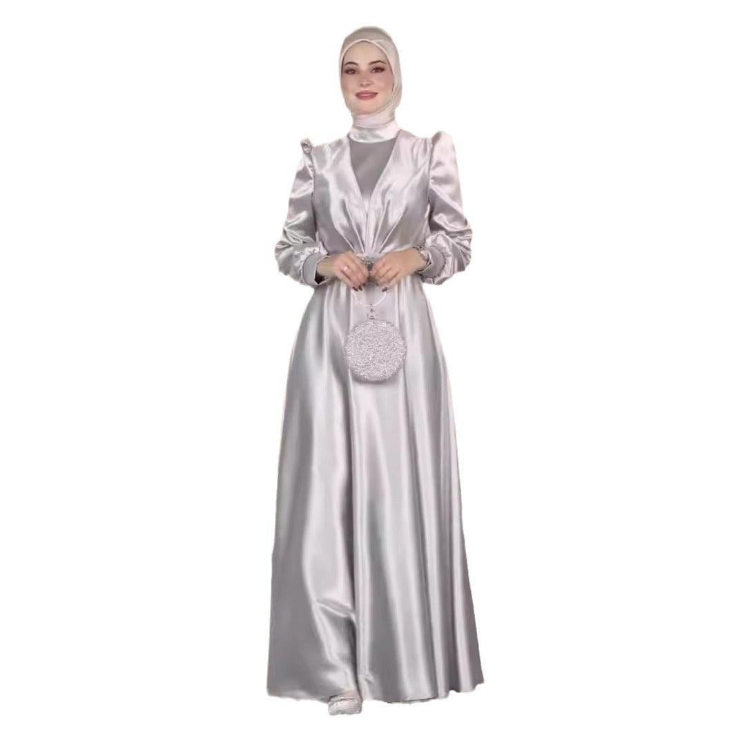Luxurious Satin Modest Maxi Dress | Elegant Silver Grey Gown Graceful Satin Long Dress Women