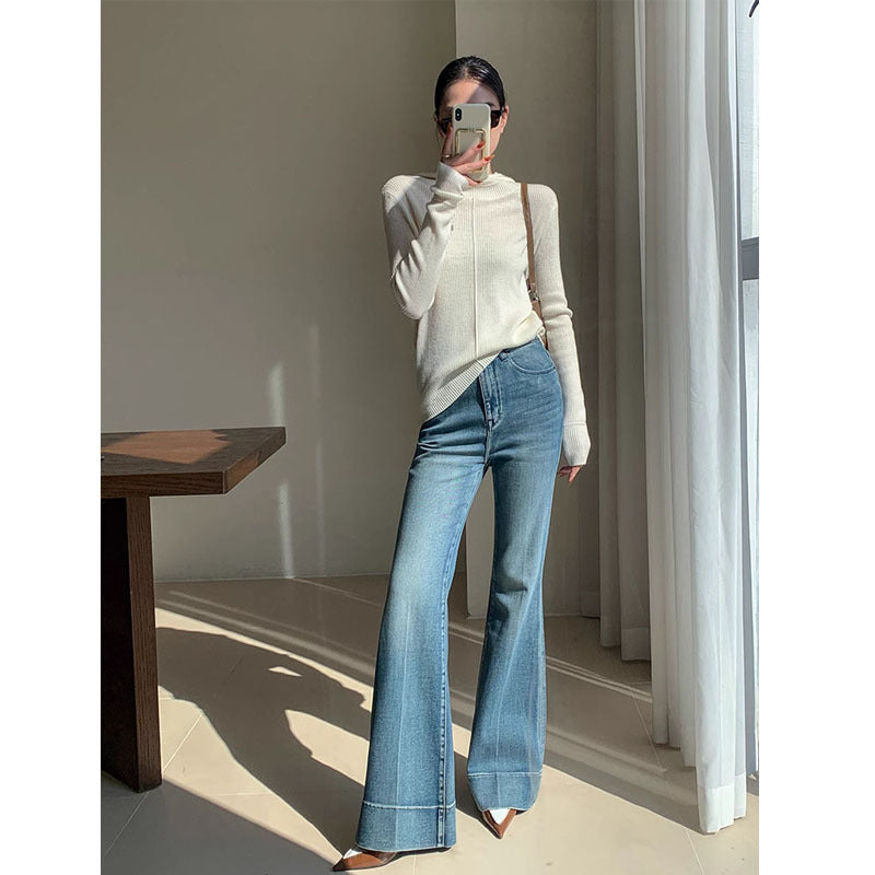 Sleek Lines – High-Waisted Flare Jeans for a Modern Silhouette French Style Temperament Retro Washed Jeans For Women