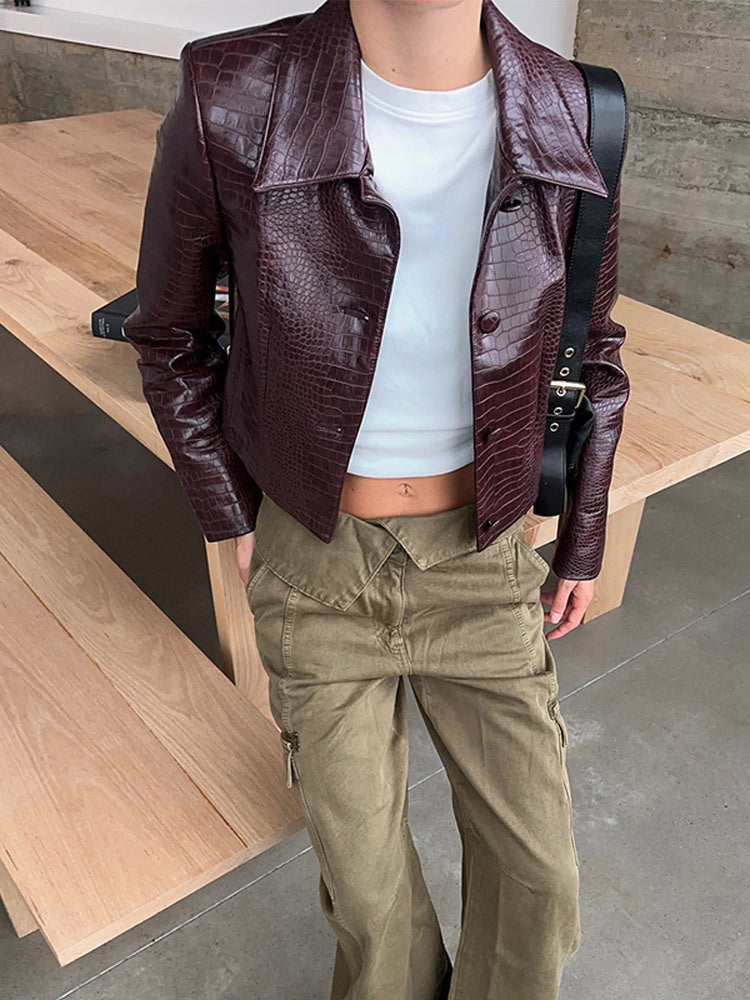 Wine Red Lapel Long Sleeve Leather Coat For Women's