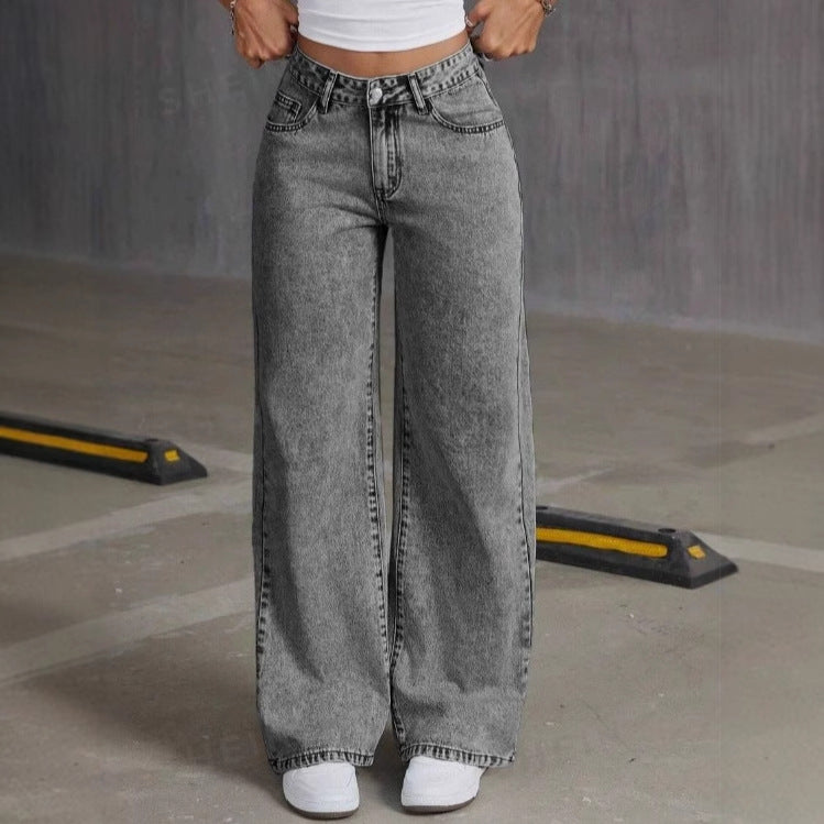 Bow Embroidery Wide-Leg Jeans – Cute Y2K Aesthetic Denim Vintage Bow Embroidered Washed Jeans For Women Straight Loose
