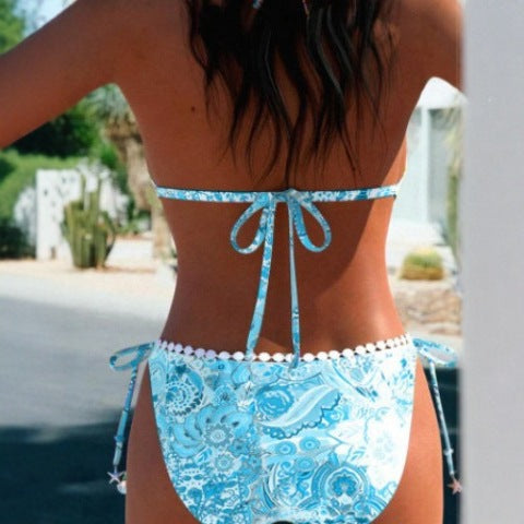 Boho Bliss – Vibrant Prints & Flirty Pom Pom Trim for the Ultimate Beach Look Women's Bikini Split Swimsuit Printed Tether