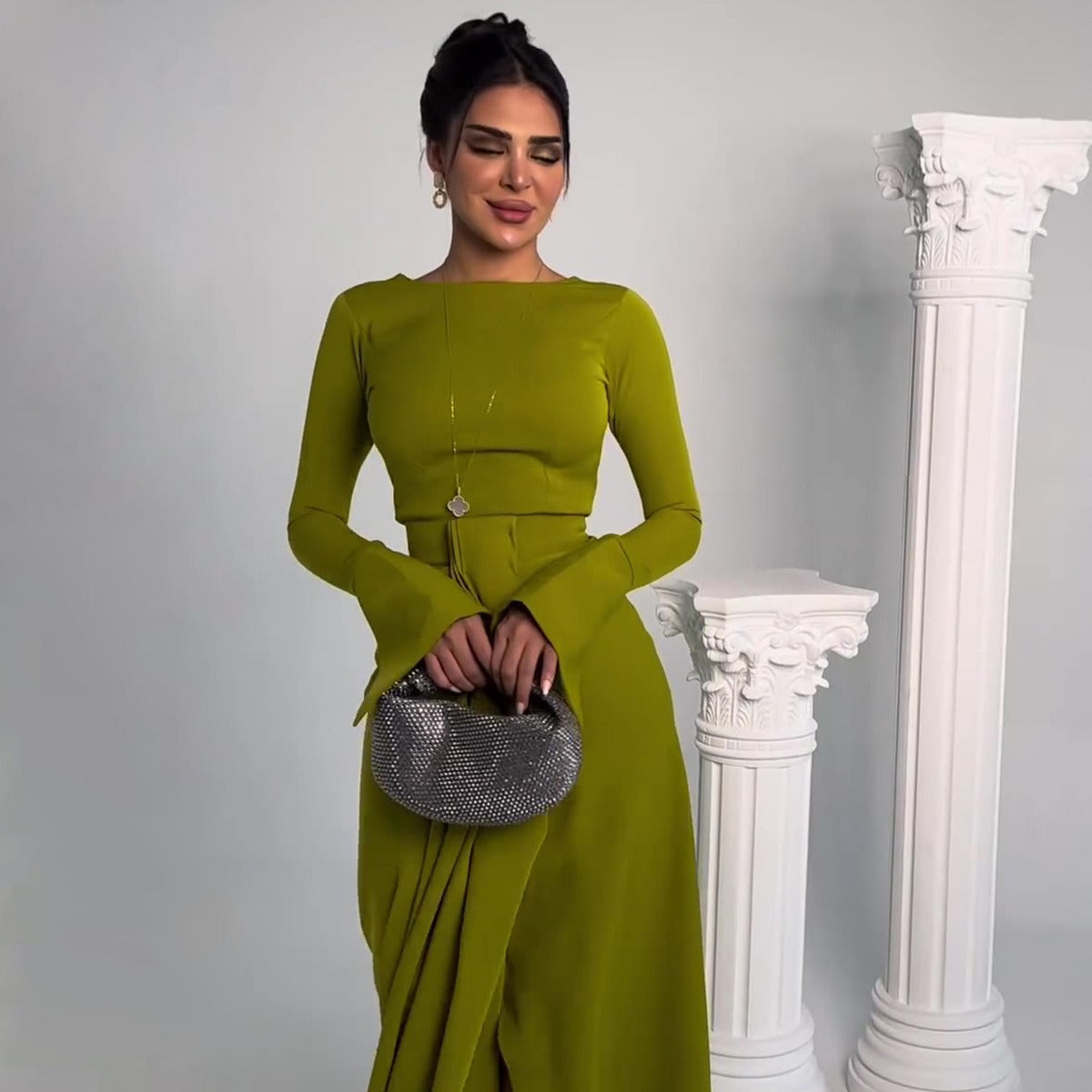 Elegant Olive Green Long Sleeve Maxi Dress | Modest & Chic Graceful Satin Banquet Long Dress