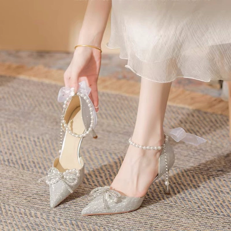 Sparkly Ankle Strap High Heels with Ribbon Bow | Bridal & Party Shoes Bow Pointed Heel Sandals