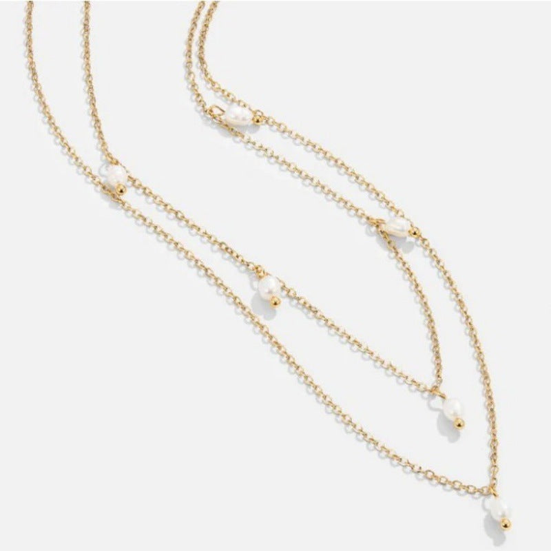 Gold Layered Pearl Charm Necklace – Double Chain Elegant Minimalist Jewelry 18K Gold-plated Natural Pearl Double-layer Twin Necklace
