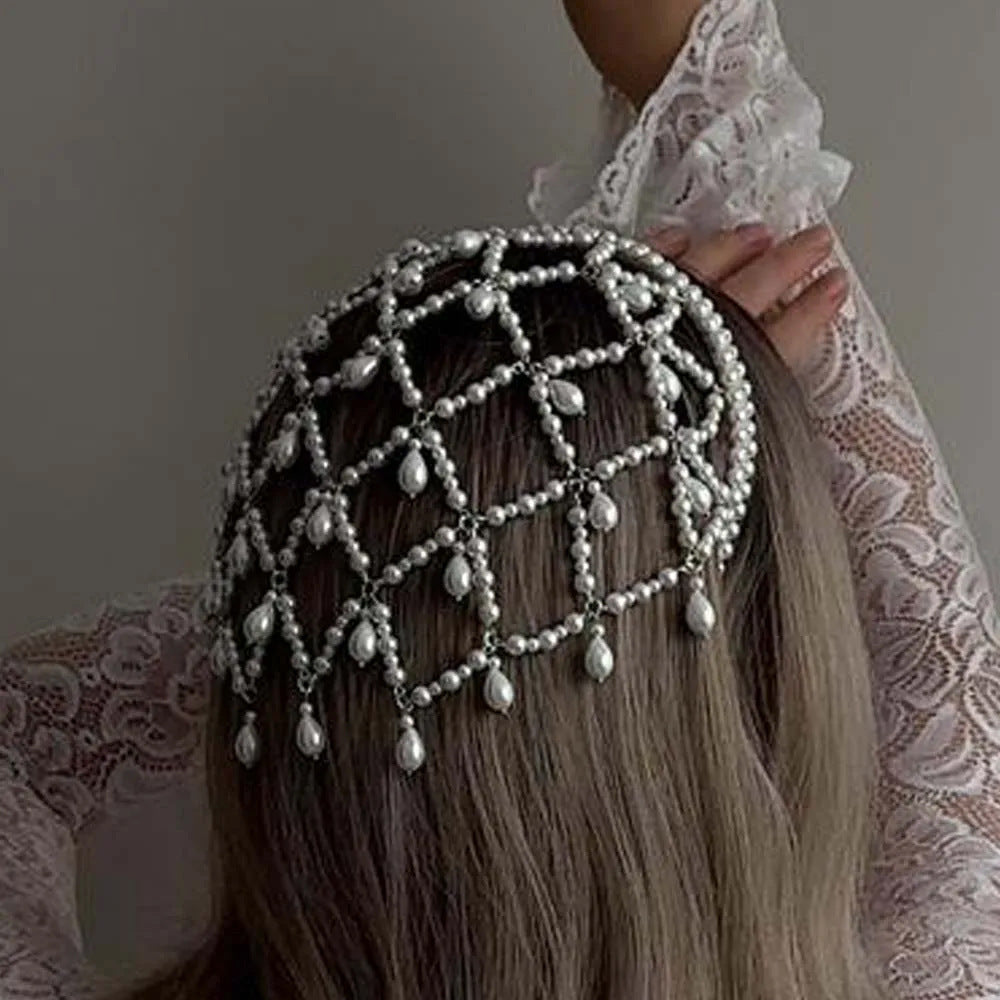Crystal & Pearl Drape Headband / Hair Jewelry Bohemian Fashion Retro Mesh Hat Headband