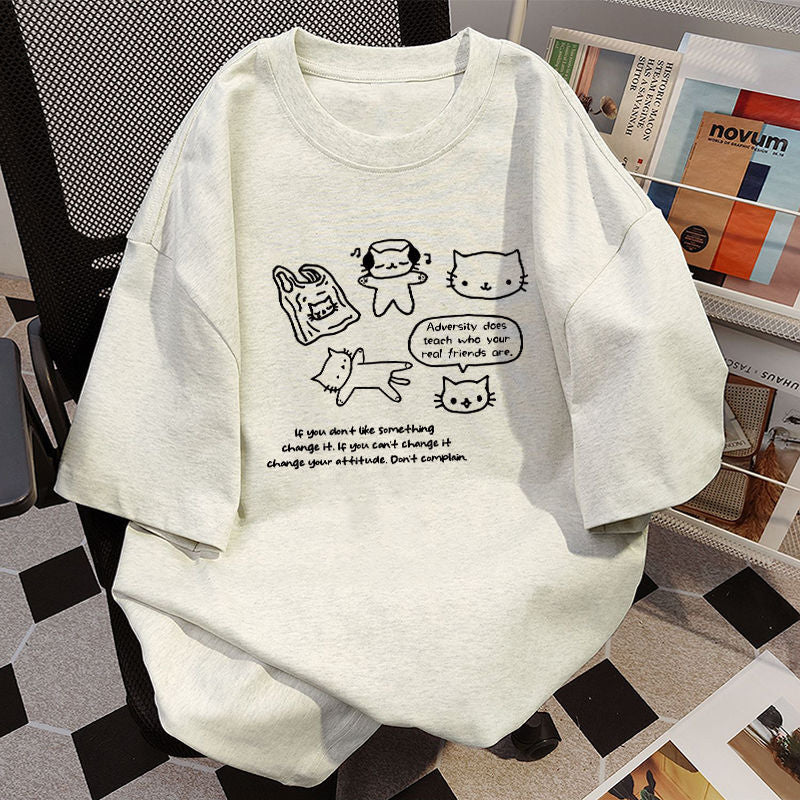 Printed Cotton Short-sleeved T-shirt With Inner Design Sense Niche Printing For Women's