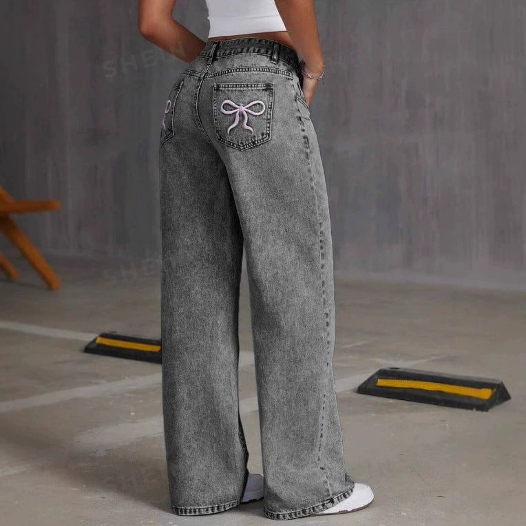Bow Embroidery Wide-Leg Jeans – Cute Y2K Aesthetic Denim Vintage Bow Embroidered Washed Jeans For Women Straight Loose