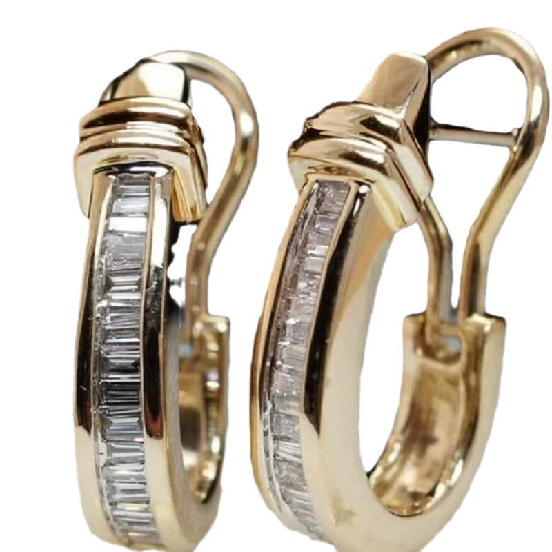 Elegant Gold & Baguette Diamond Hoop Earrings New Retro Exquisite Geometric And Gold Earrings