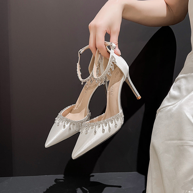 White Satin Strap Tassel Chain High Heels For Women's