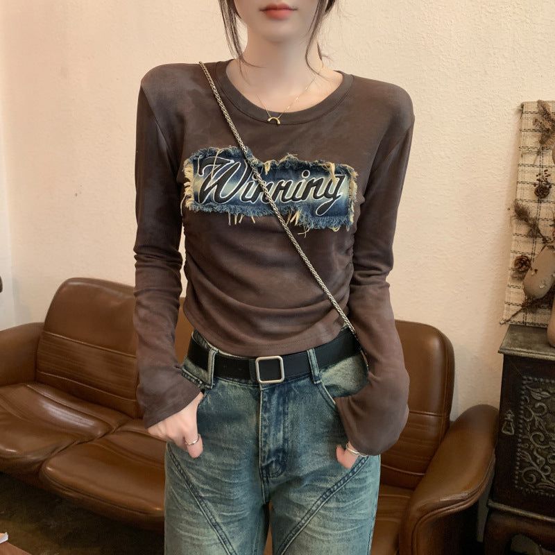 Retro Denim Patch T-shirt Women's Long-sleeved Short Top