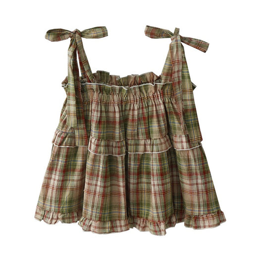 Summer New Mori Girl Bow Tie-neck Plaid Spaghetti-strap Camisole Top For Women's