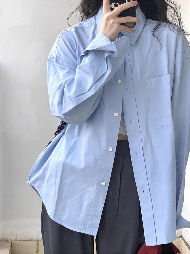 Blue With Long Sleeves Shirt Women's Coat