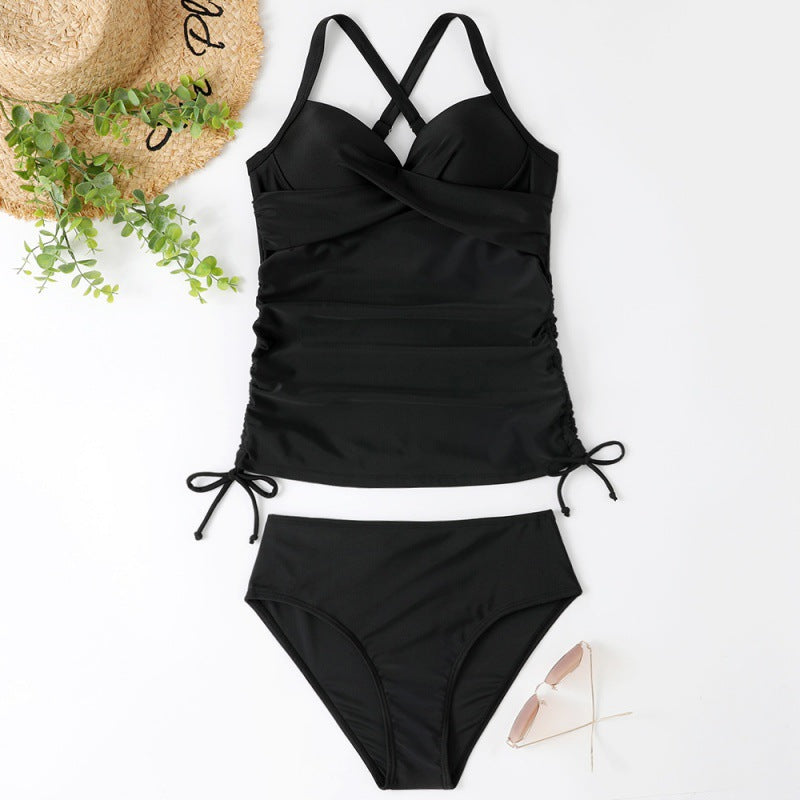 Ruched Tummy Control Tankini Set – Flattering & Supportive Swimwear For Women's Separated Swimwear Solid Color Nylon Slim Fit Slim Looking Clothes