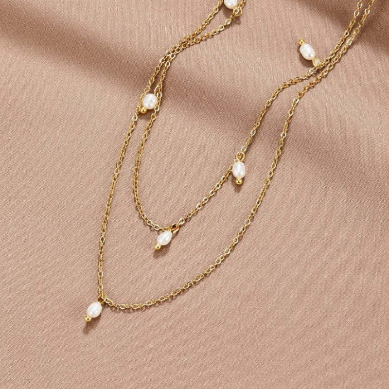 Gold Layered Pearl Charm Necklace – Double Chain Elegant Minimalist Jewelry 18K Gold-plated Natural Pearl Double-layer Twin Necklace