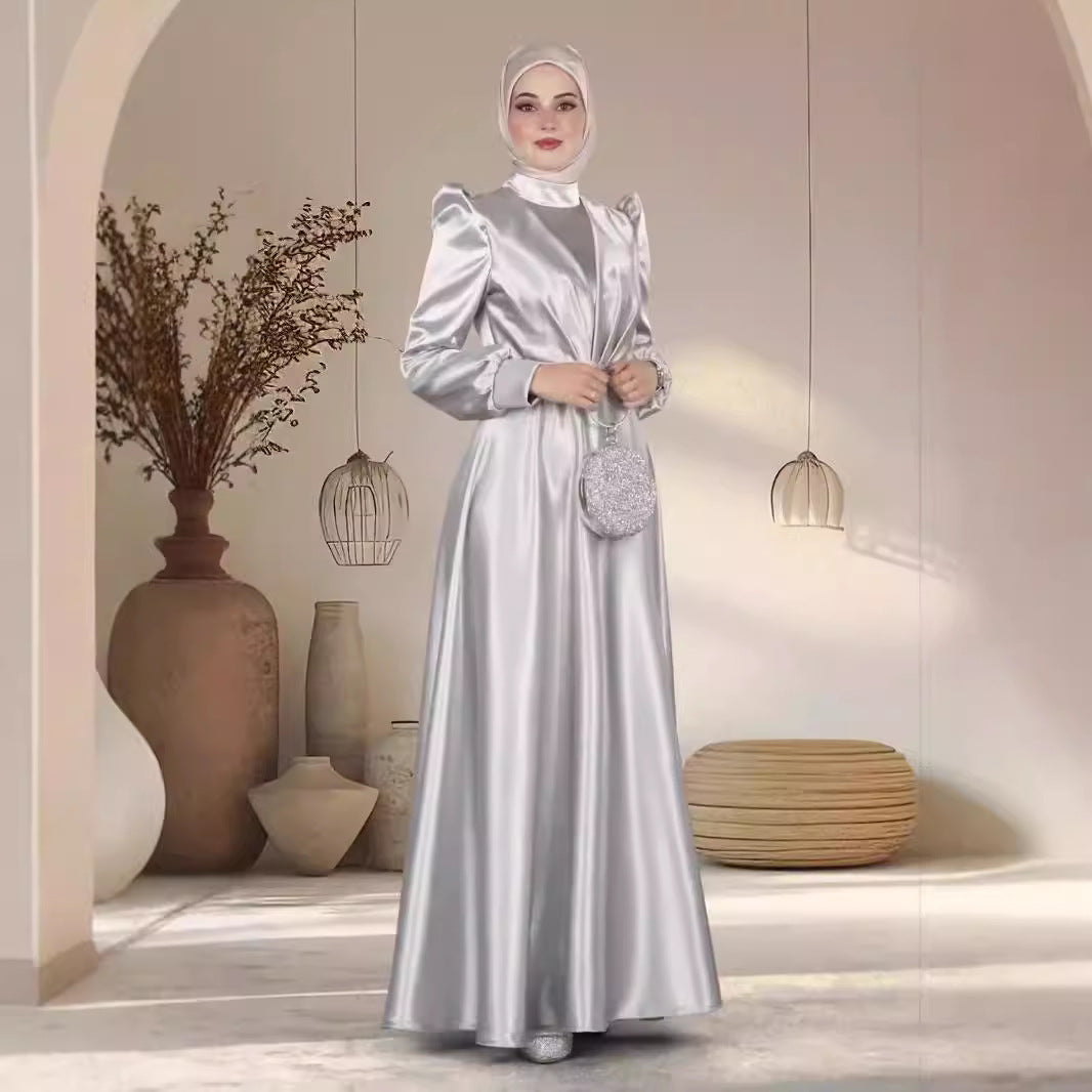 Luxurious Satin Modest Maxi Dress | Elegant Silver Grey Gown Graceful Satin Long Dress Women