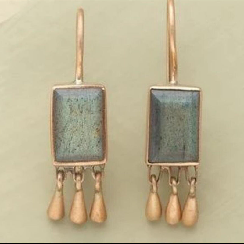 Unique Geometric Resin Stone & Teardrop Charm Earrings New Retro Geometric Inlaid Turquoise Tassel Earrings