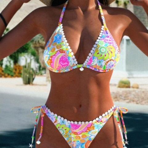 Boho Bliss – Vibrant Prints & Flirty Pom Pom Trim for the Ultimate Beach Look Women's Bikini Split Swimsuit Printed Tether
