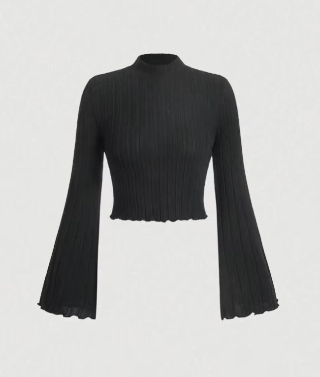 Long Sleeve Mock Neck/Off-Shoulder Ribbed Crop Top Sexy Lace Thick Long Sleeved T-shirt Knitted Sweater