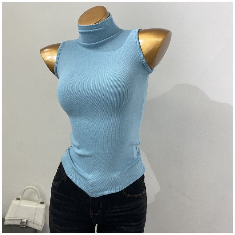 Sleek Sleeveless Turtleneck Top - Multi-Color Options Korean Style Half Turtleneck Sleeveless Vest Top