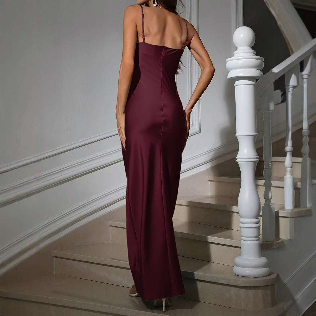 Sexy Wine Red V-neck Dress Elegant French Style