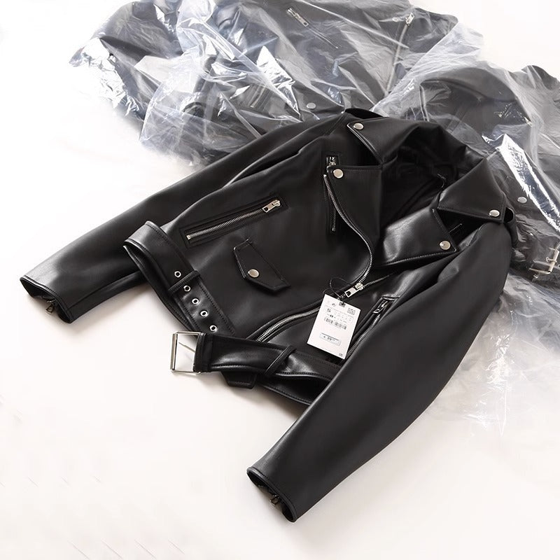 Black PU Leather Zip Jacket For Women's