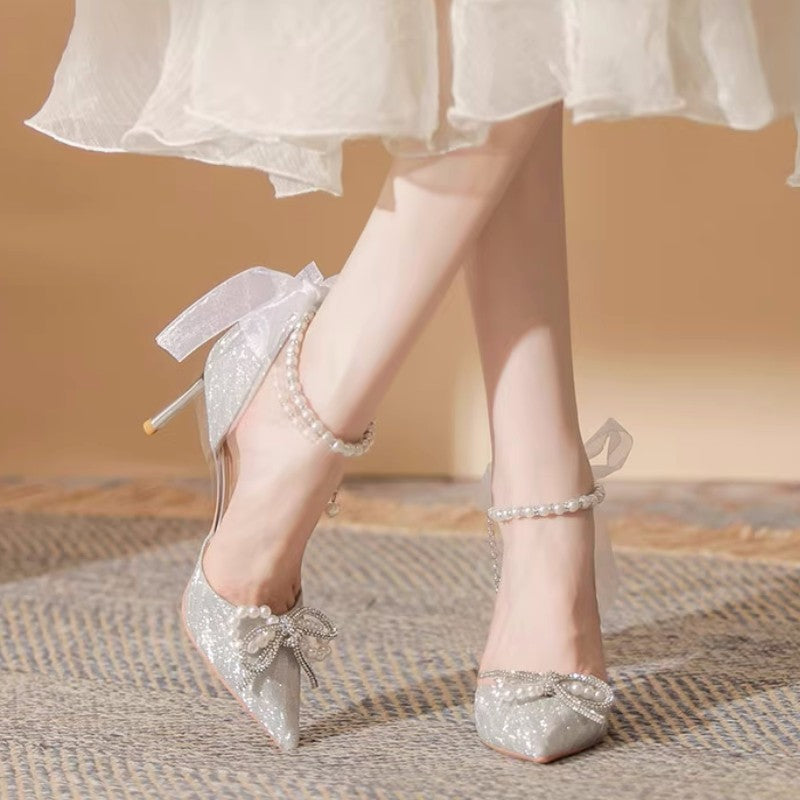 Sparkly Ankle Strap High Heels with Ribbon Bow | Bridal & Party Shoes Bow Pointed Heel Sandals