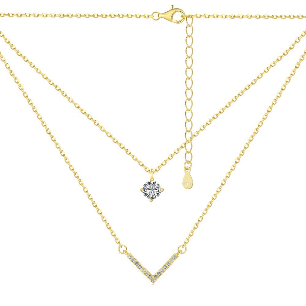 Sterling Silver Plated 18K Gold Necklace Double Layered V-shaped Pendant