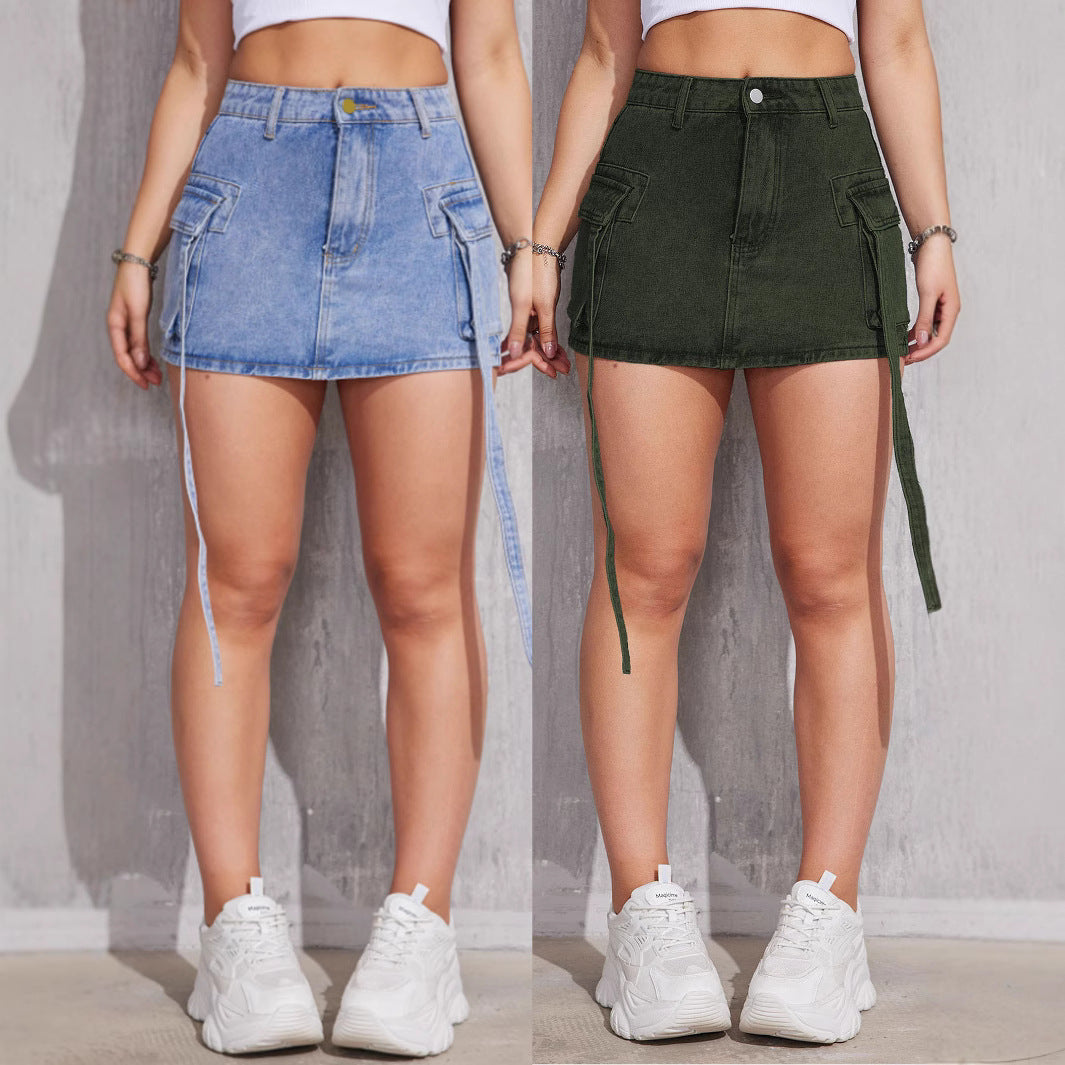 Y2K Utility Mini Skirt – Cargo Pocket Denim Skirt with Side Tie Detail Fashion Personality All-matching Jeans Short Skirt For Women