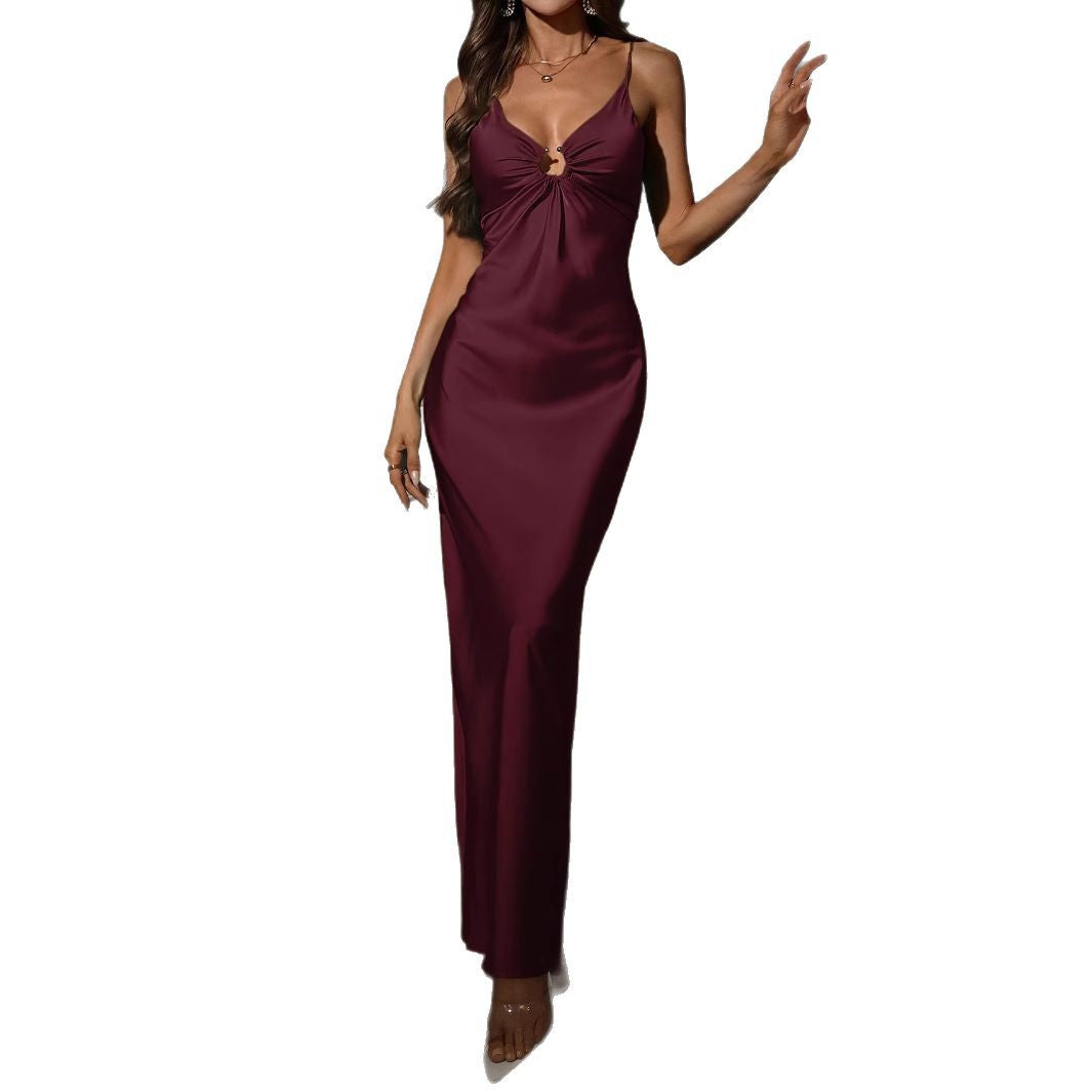 Sexy Wine Red V-neck Dress Elegant French Style