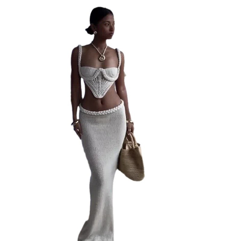 Summer Festival Crochet Crop Top & Maxi Skirt Y2K Crochet Knit 2 Piece Skirt Set Women's Square Collar Camisole Hip Skirt Hollow Out Strapless Tube Top Low Waist Bodycon Maxi Skirts Outfit