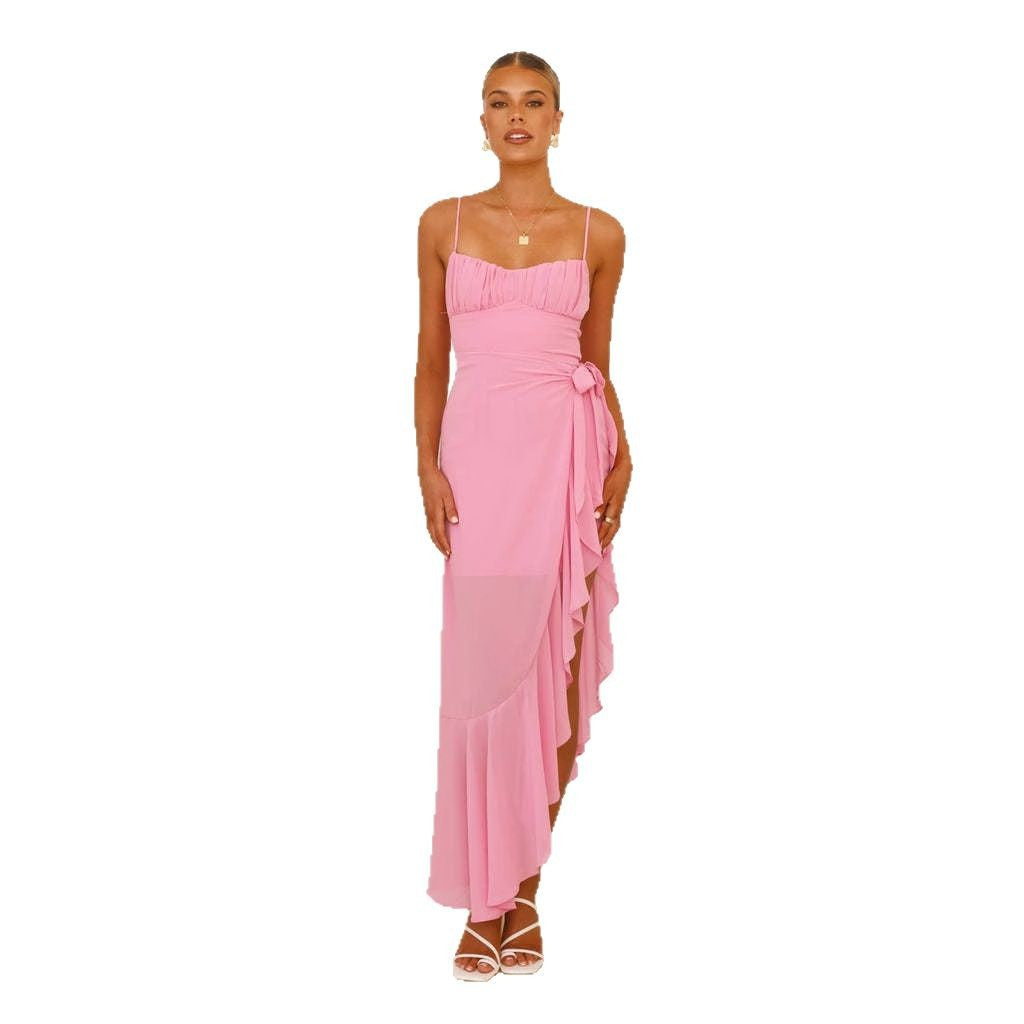 European And American Sexy Women's Sling Backless Ruffles Irregular Dress