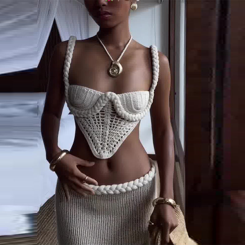Summer Festival Crochet Crop Top & Maxi Skirt Y2K Crochet Knit 2 Piece Skirt Set Women's Square Collar Camisole Hip Skirt Hollow Out Strapless Tube Top Low Waist Bodycon Maxi Skirts Outfit