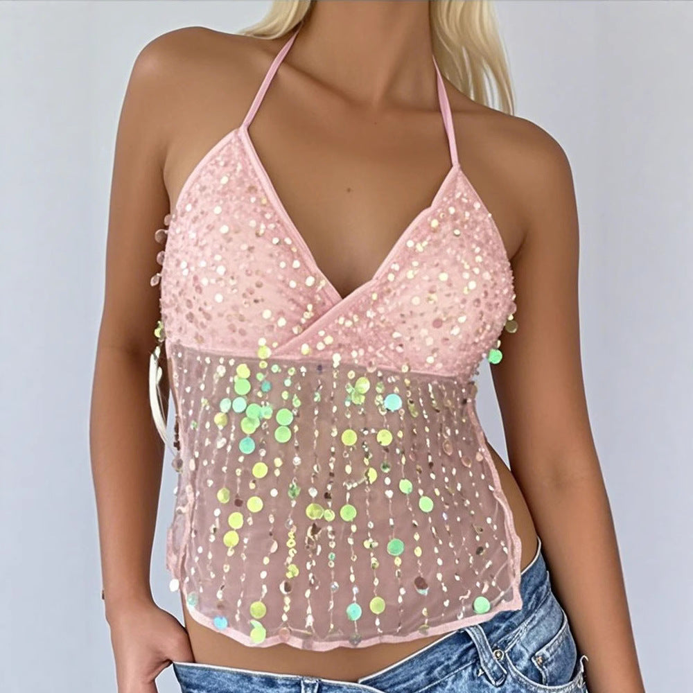 Dopamine Sequined Suspender Deep V Strap Top For Women's