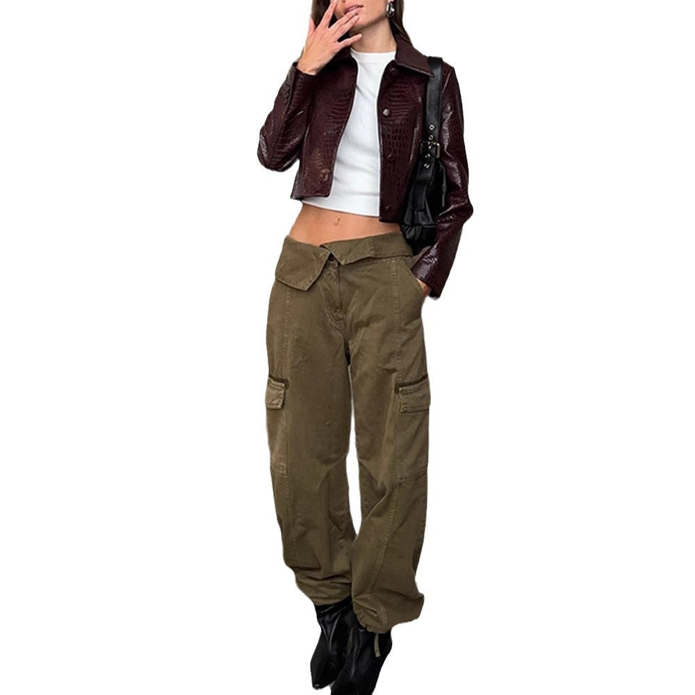Wine Red Lapel Long Sleeve Leather Coat For Women's