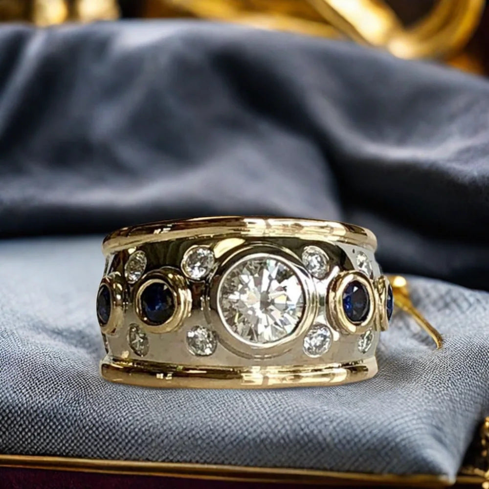 Regal Design Gold Plated Ring with Detailed Stone Setting Retro Style Shiny Cubic Zirconia Ring