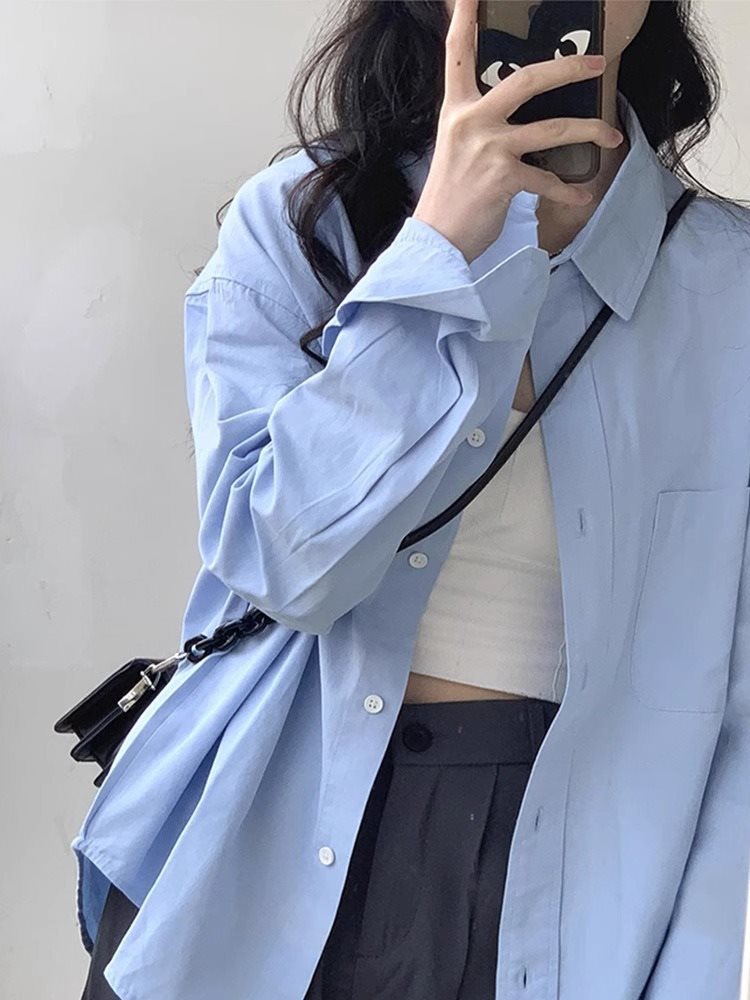 Blue With Long Sleeves Shirt Women's Coat