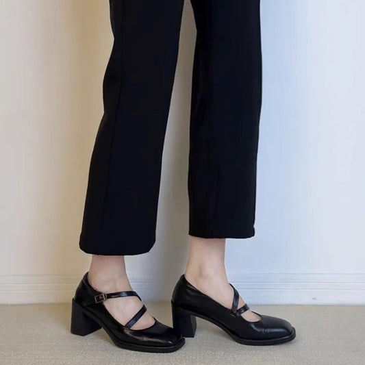 Square Toe High Heel Mary Jane Shoes Female Chunky Heel Low-cut