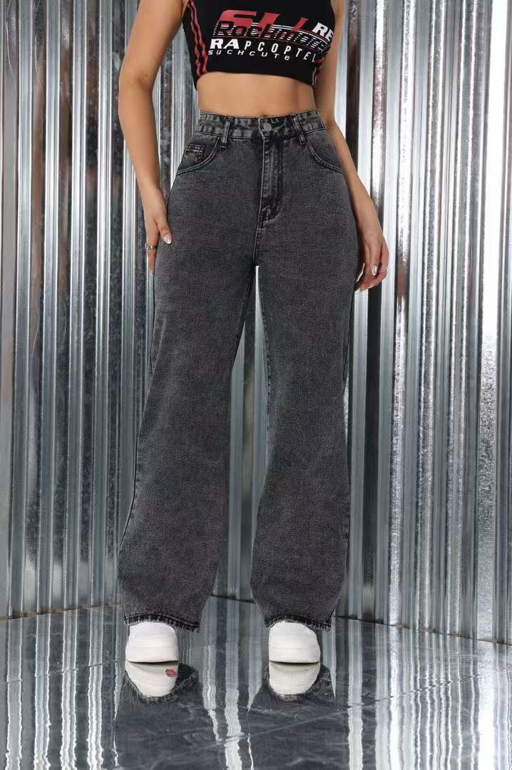 Y2K Bow Embroidered Wide-Leg Jeans – Vintage Black Wash Streetwear Denim Embroidered Jeans High Waist Straight Loose Casual Trousers Women