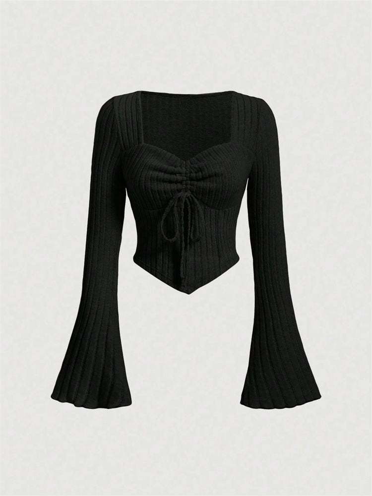 Long Sleeve Mock Neck/Off-Shoulder Ribbed Crop Top Sexy Lace Thick Long Sleeved T-shirt Knitted Sweater