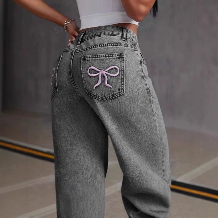 Bow Embroidery Wide-Leg Jeans – Cute Y2K Aesthetic Denim Vintage Bow Embroidered Washed Jeans For Women Straight Loose