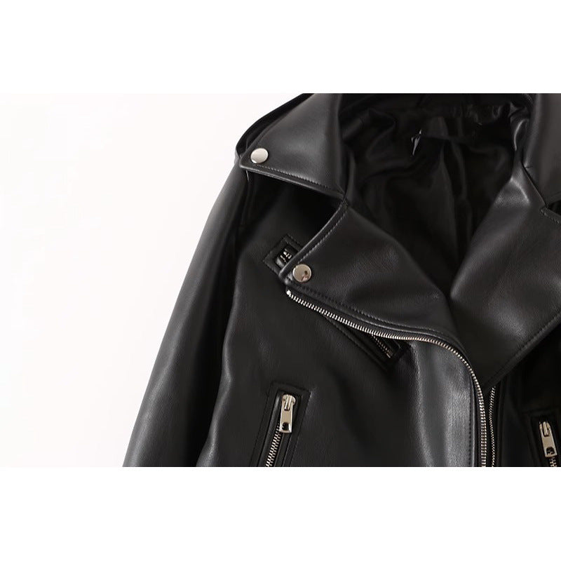 Black PU Leather Zip Jacket For Women's