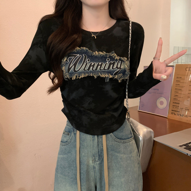 Retro Denim Patch T-shirt Women's Long-sleeved Short Top