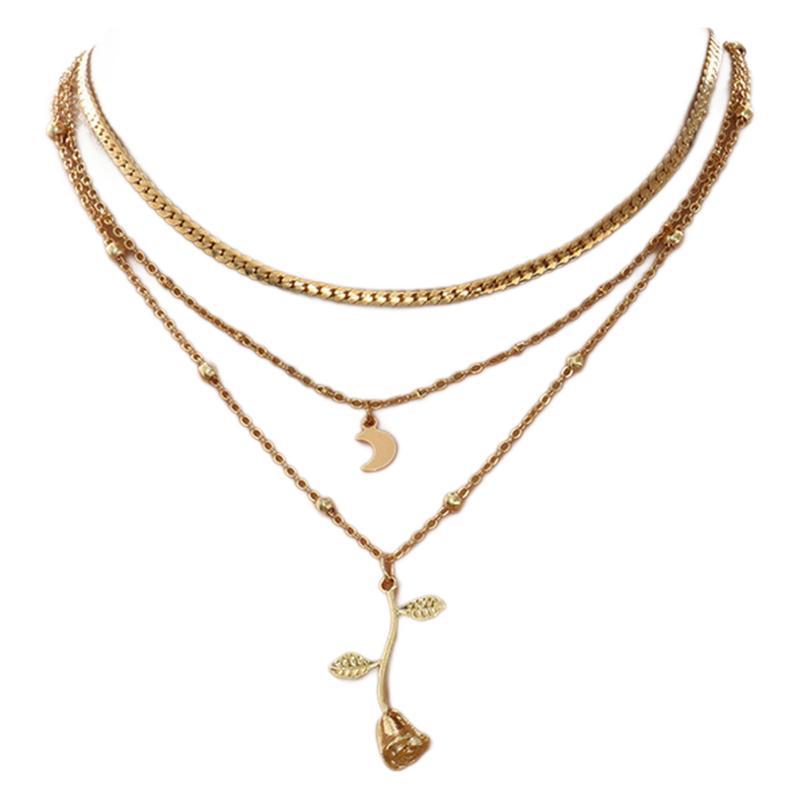 Bohemia Multilayer Moon Gold Color Pendant Necklaces For Women Rose Flower Choker Necklace