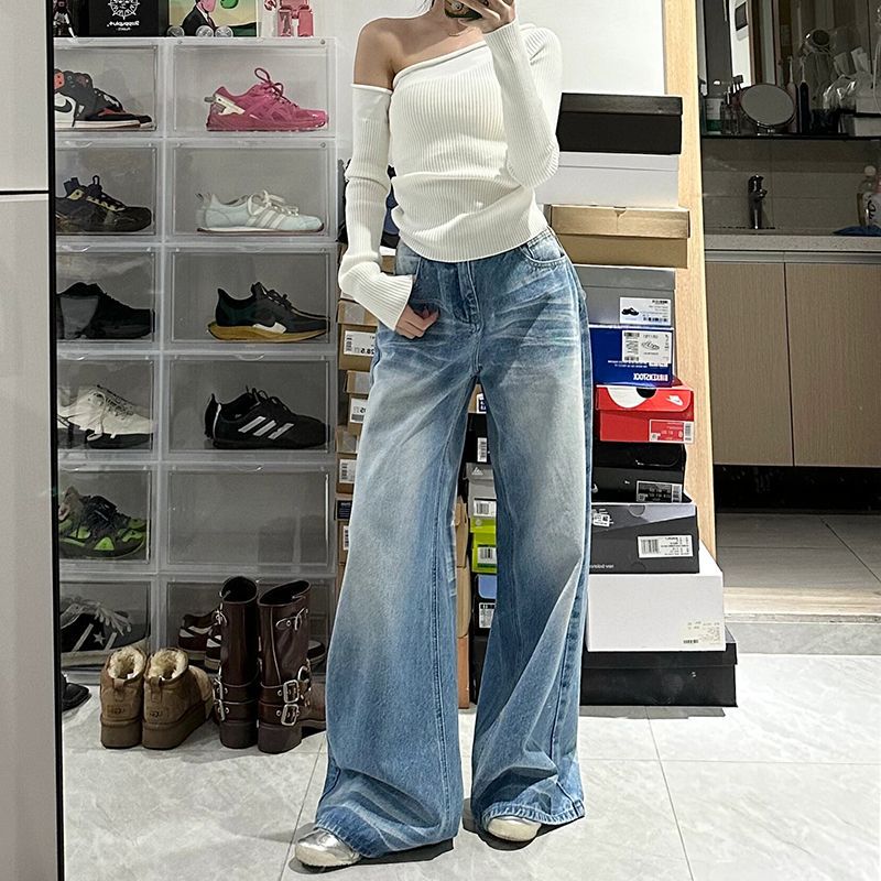 High-Waisted Light Wash Wide-Leg Jeans – Casual Everyday Denim Retro Washed High Waist Wide Leg Jeans For Women Baggy Straight Trousers