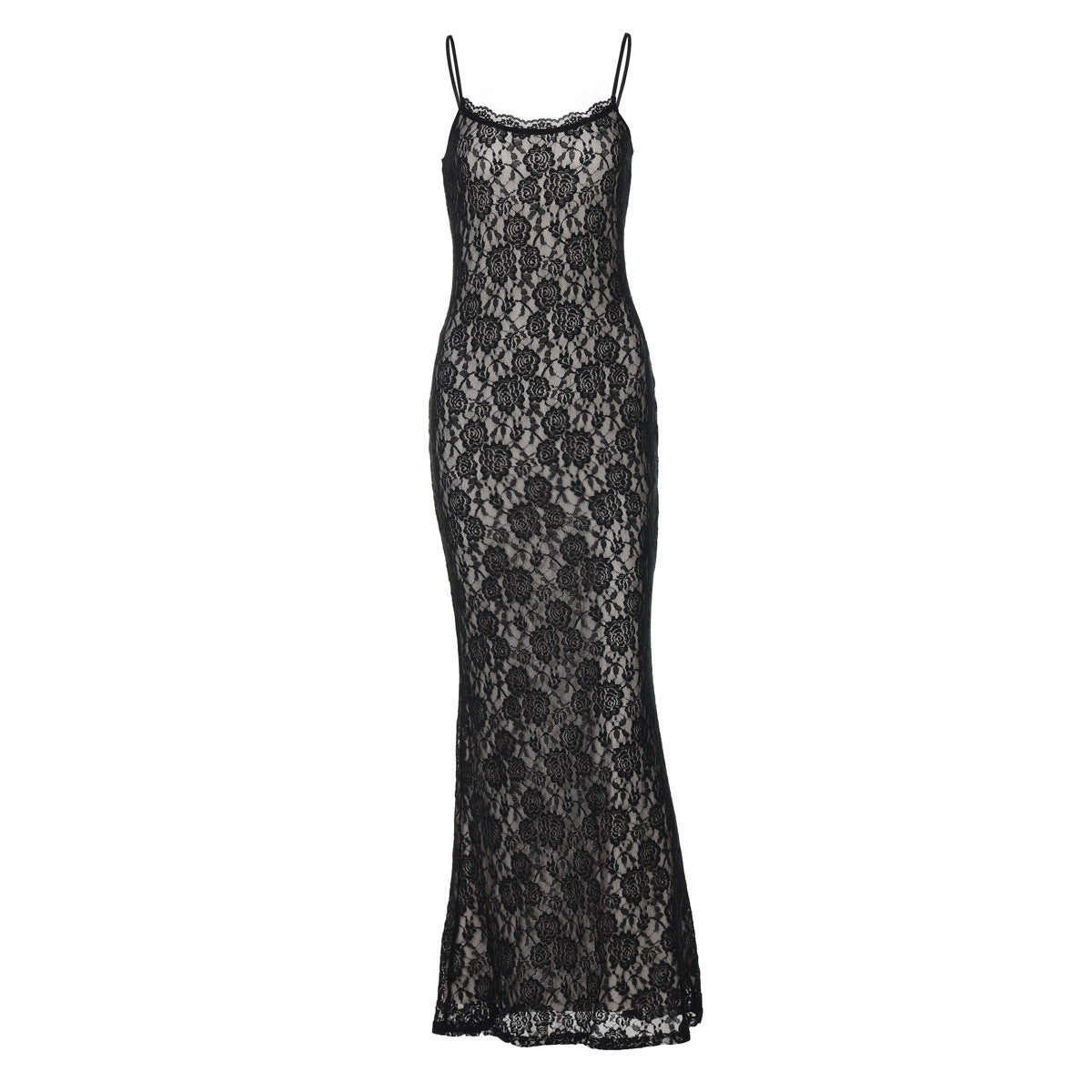 Lace Patchwork Long Dress Slim Strap Bodycon Maxi Dress For Women
