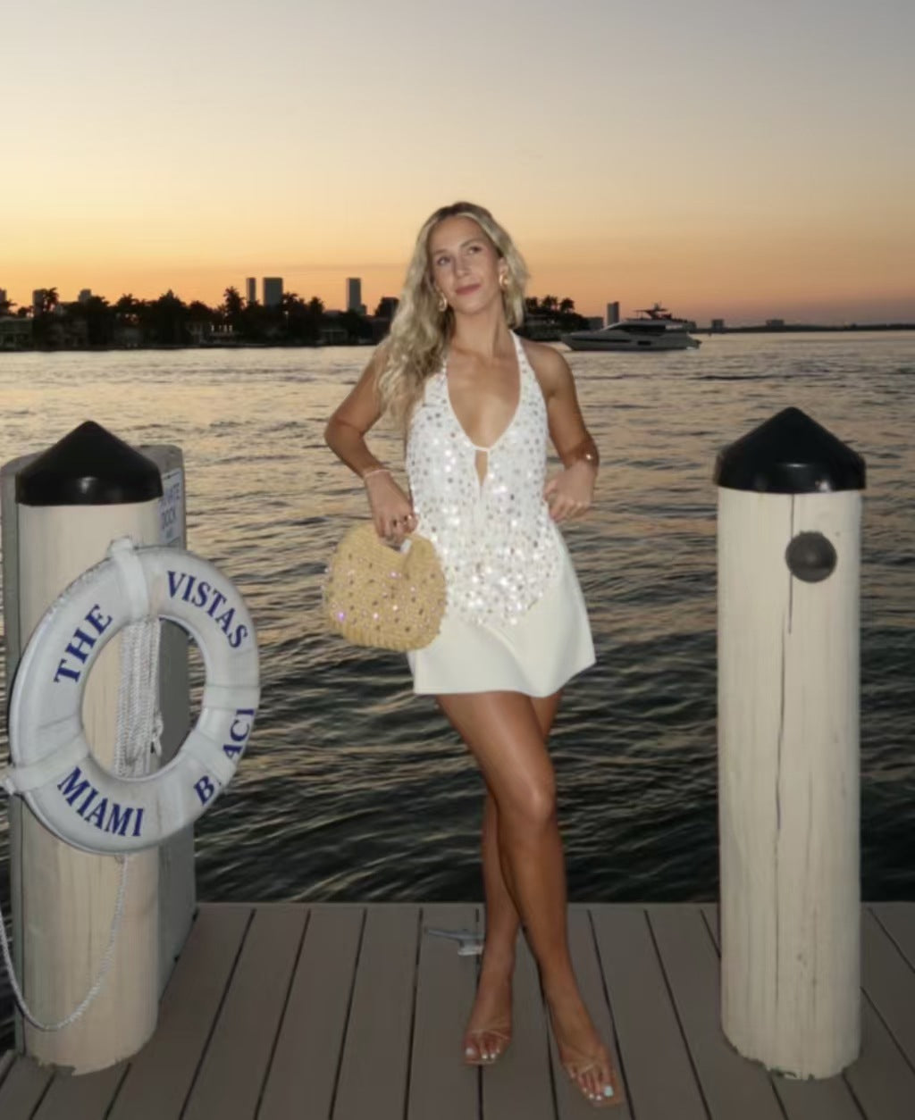 Sparkling Sequin Cowl Neck Halter Top Deep V Sequins Halter Spaghetti Straps Backless Vacation Style